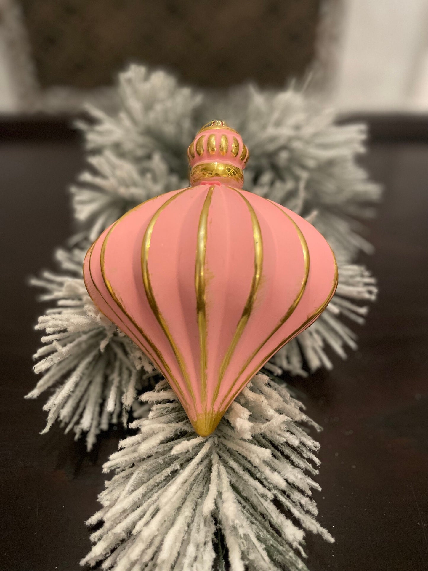 7” Onion ball ornament. Pink and gold. shatterproof