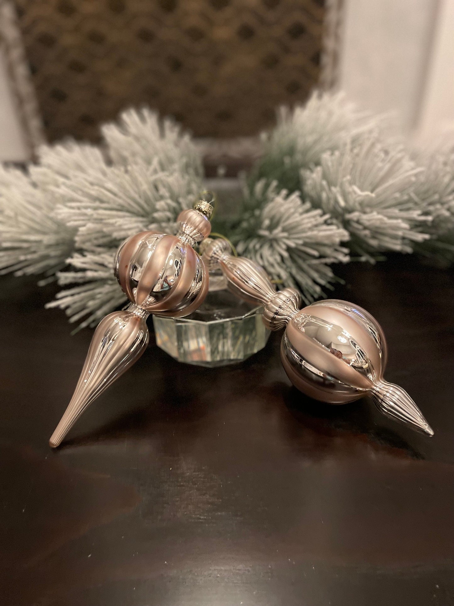 Set of 2. 9.5" Glass finial ornament. Soft gold and silver.