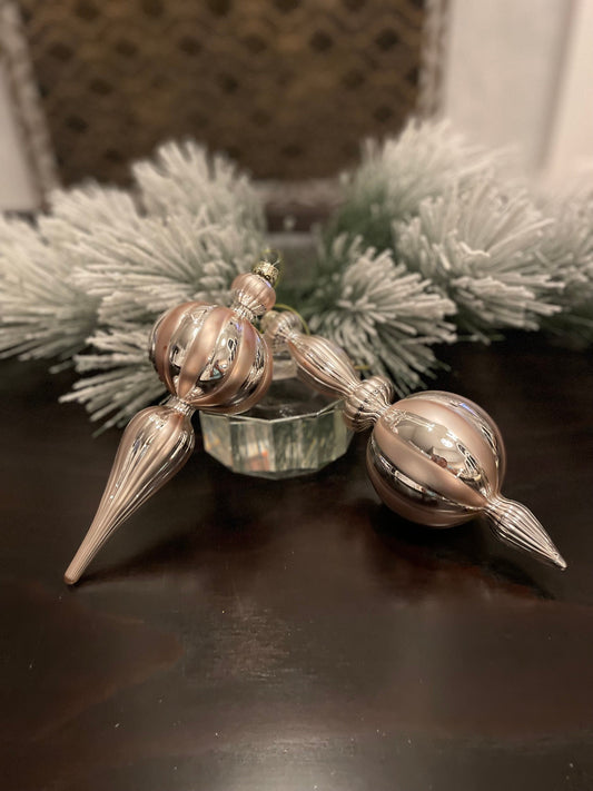 Set of 2. 9.5" Glass finial ornament. Soft gold and silver.