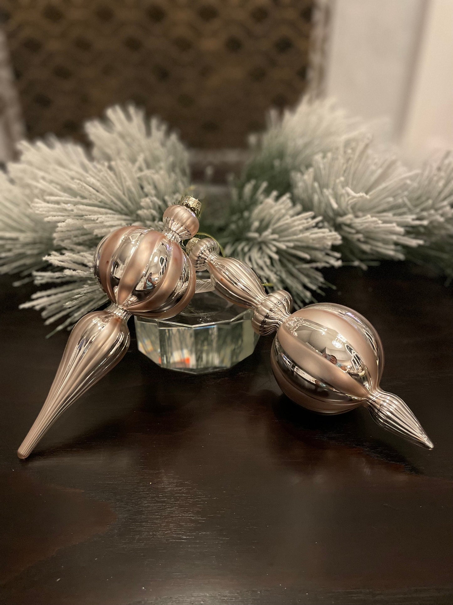 Set of 2. 9.5" Glass finial ornament. Soft gold and silver.
