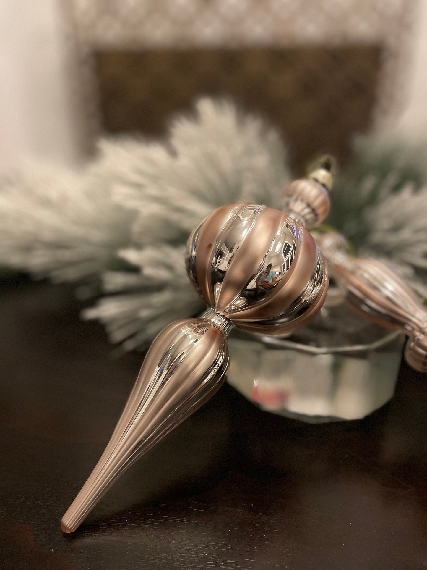 Set of 2. 9.5" Glass finial ornament. Soft gold and silver.