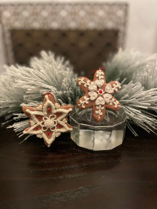 SET of 2. 4" Frosty Gingerbread snowflake ornament.