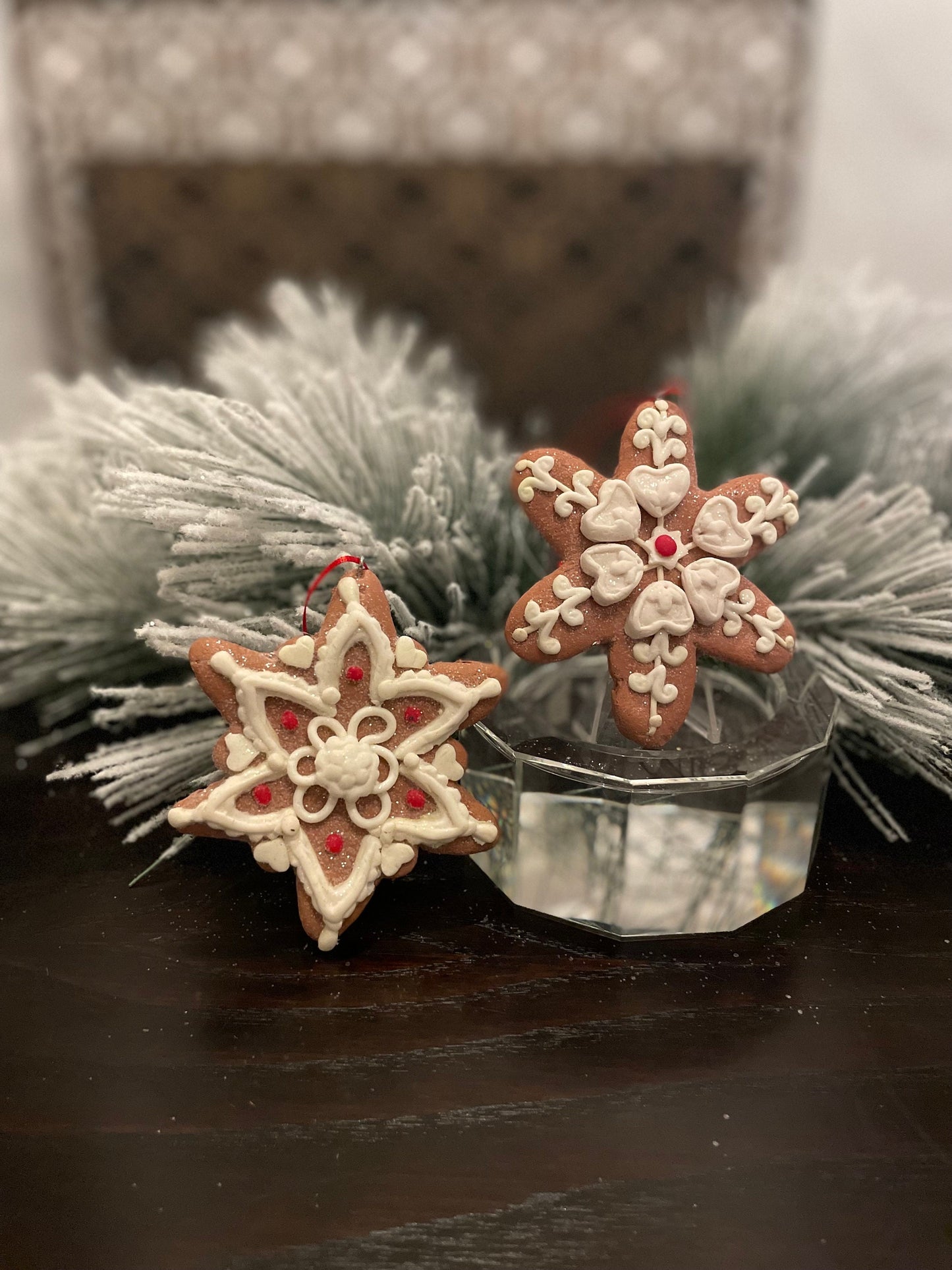 SET of 2. 4" Frosty Gingerbread snowflake ornament.