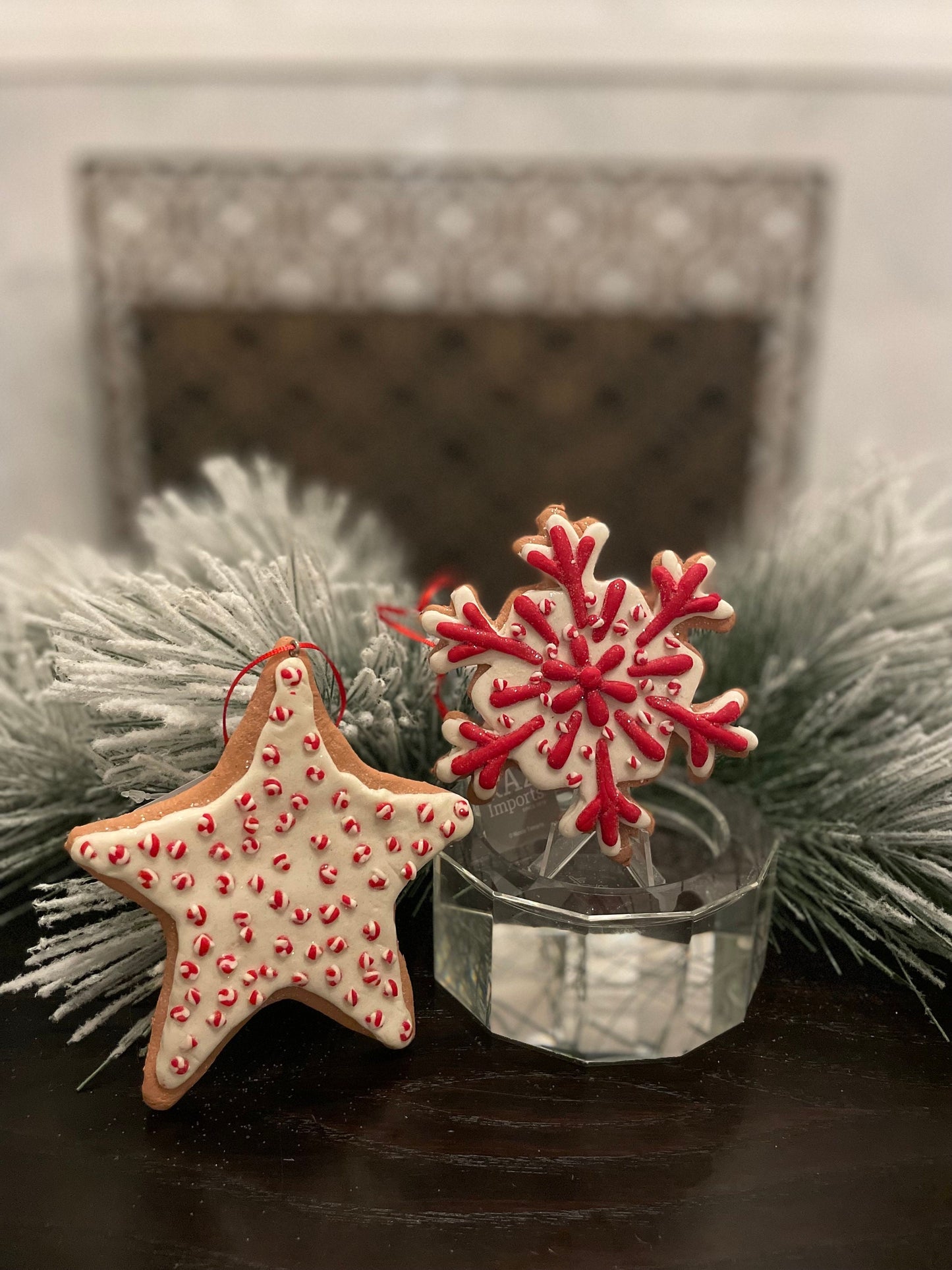 SET of 2. 4.5" Frosty Gingerbread snowflake and Star ornament.