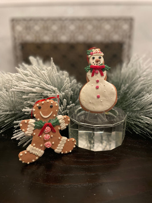 SET of 2. 4" Frosty Gingerbread snowman and cookie ornament.