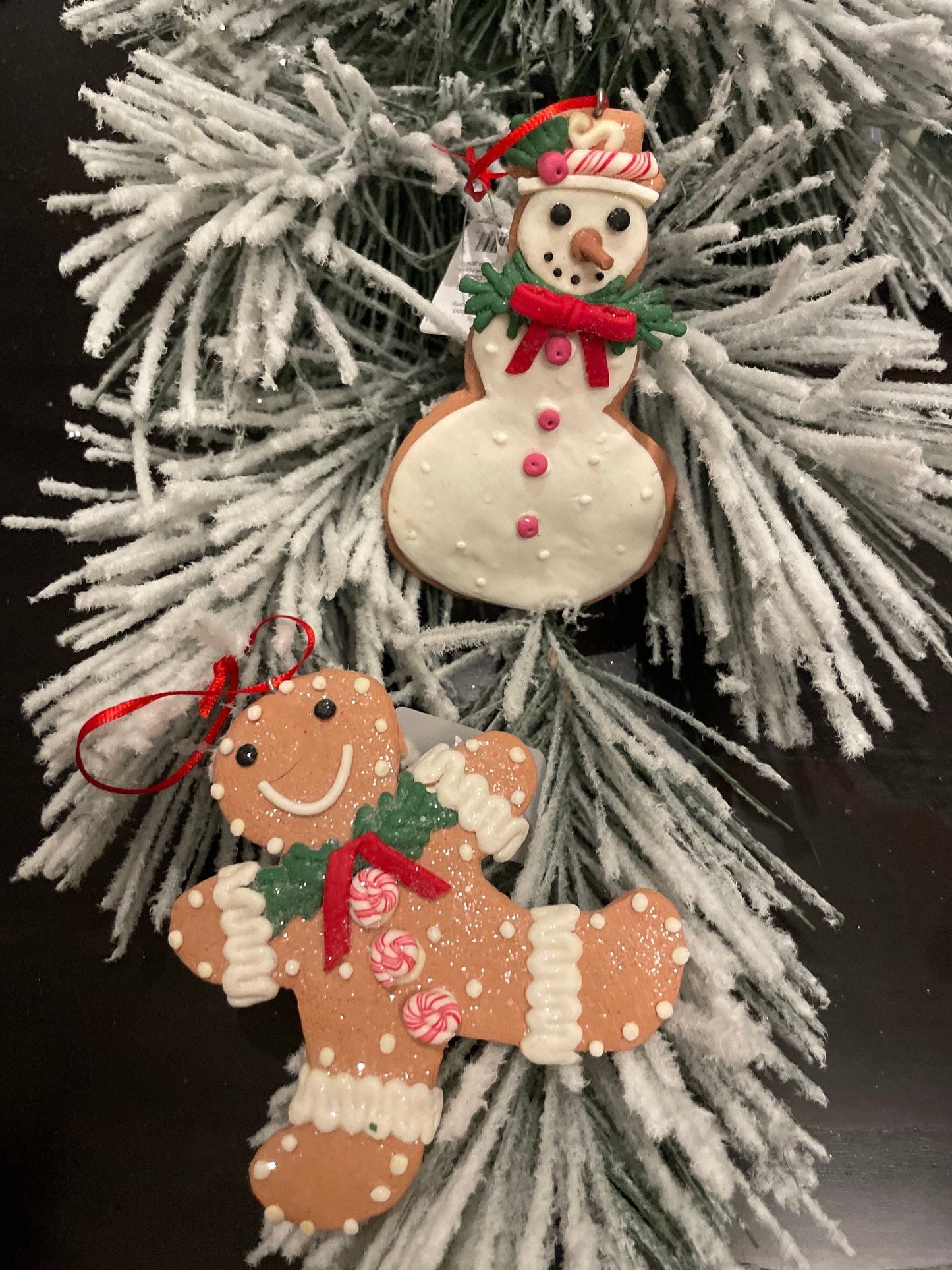 SET of 2. 4" Frosty Gingerbread snowman and cookie ornament.