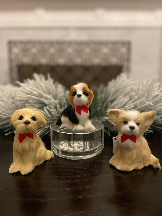 Set of 3. 4” faux fur dog, Christmas dog ornament.