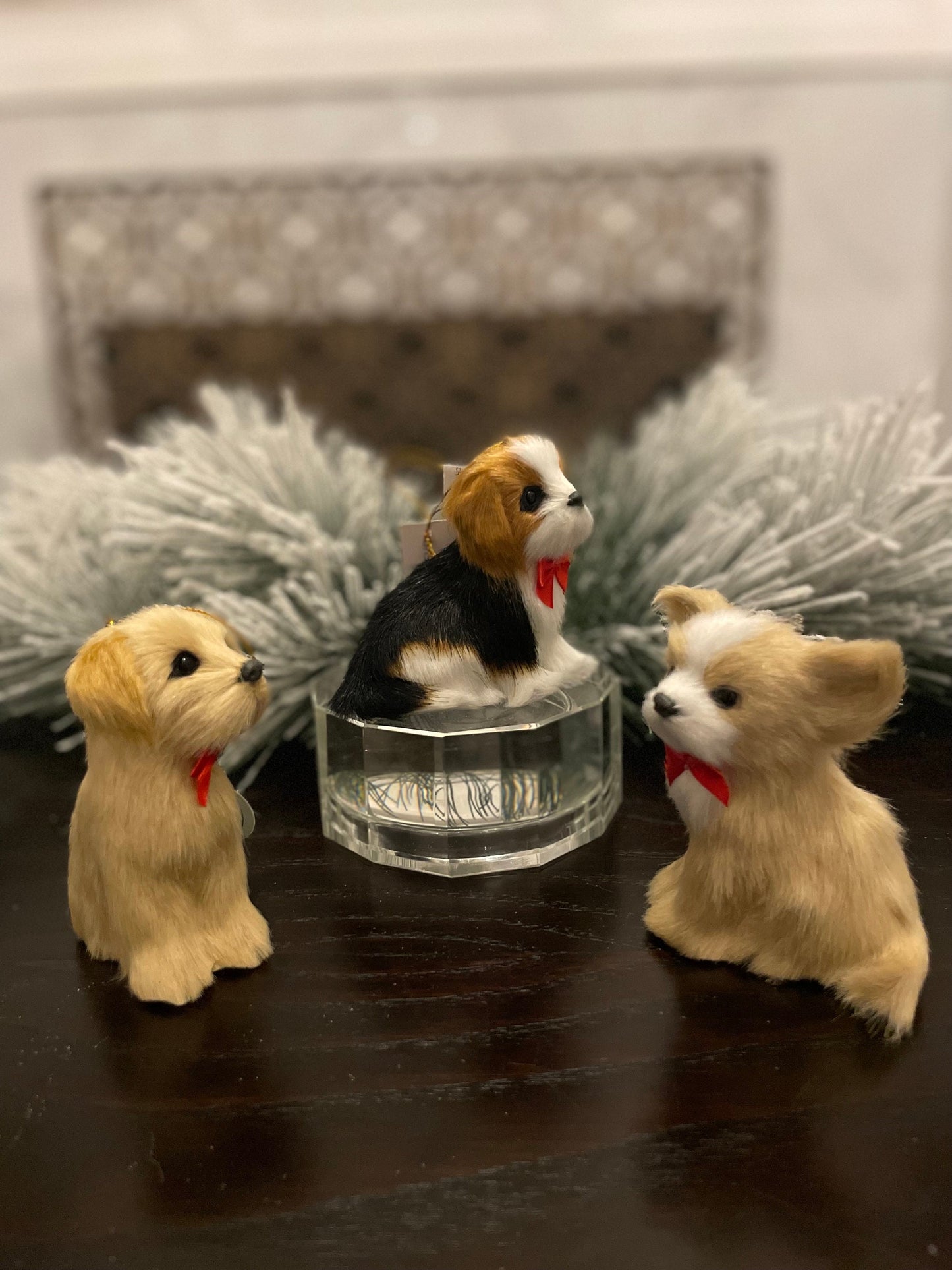 Set of 3. 4” faux fur dog, Christmas dog ornament.