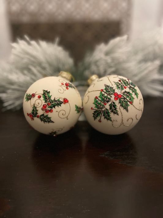 Set of 2. 4" Glass jewel holly vine ball ornament.
