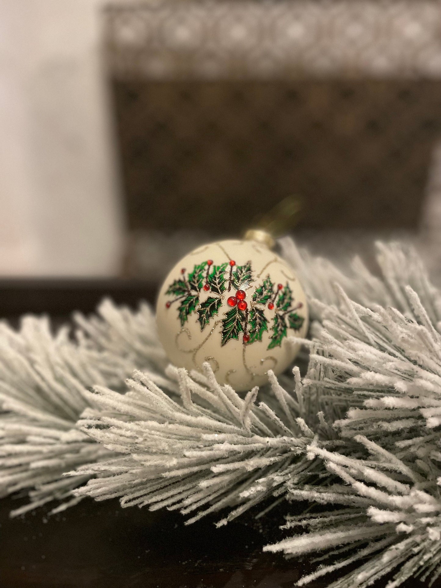 Set of 2. 4" Glass jewel holly vine ball ornament.