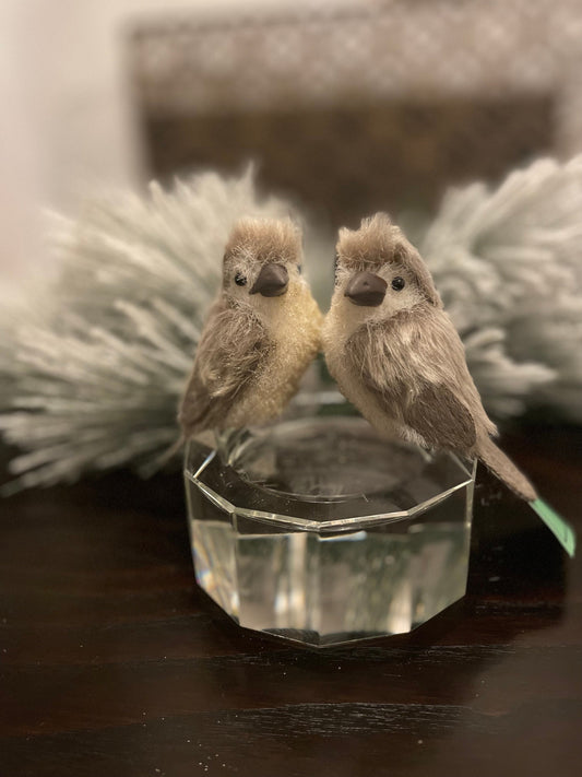 Set of 2. 4” Fabric and faux fur glitter bird clip ornament.