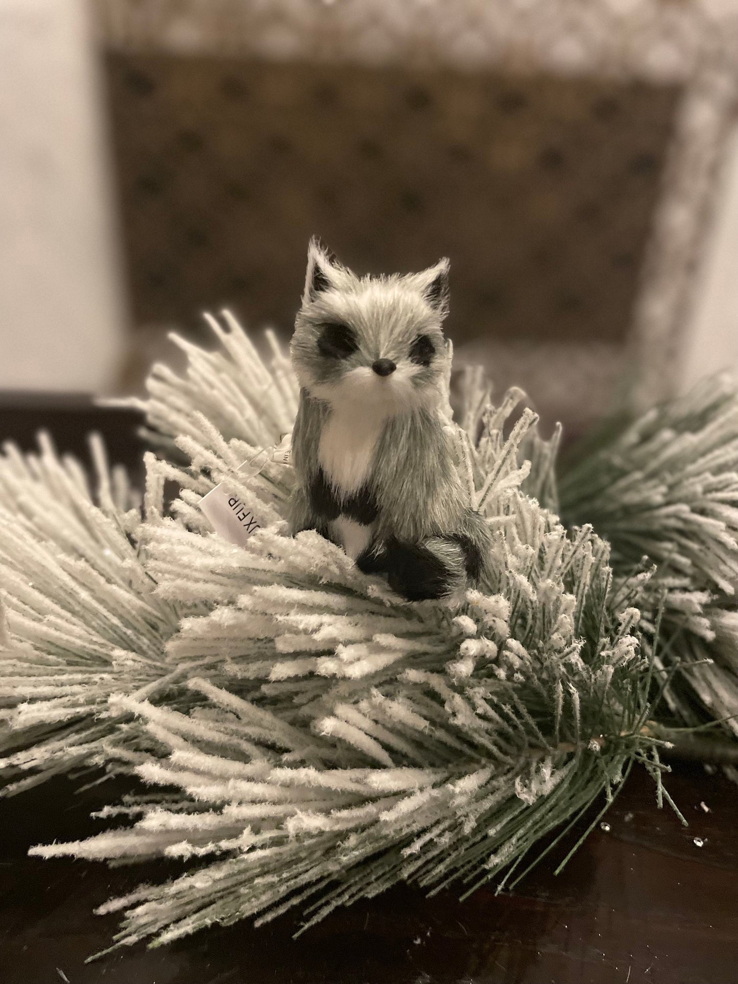 Set of 2. 3.5” furry raccoon ornament. Forest animal.