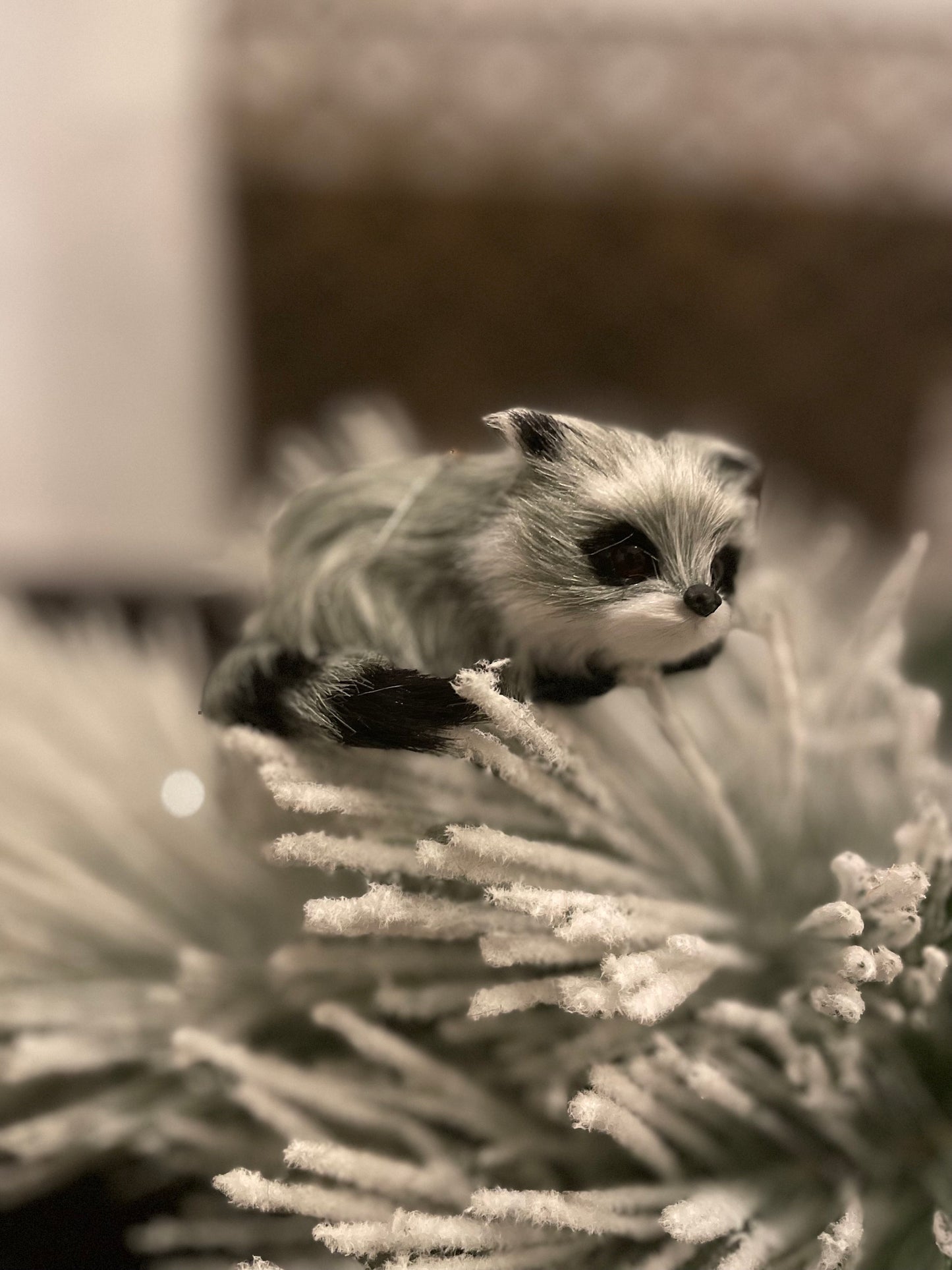 Set of 2. 3.5” furry raccoon ornament. Forest animal.