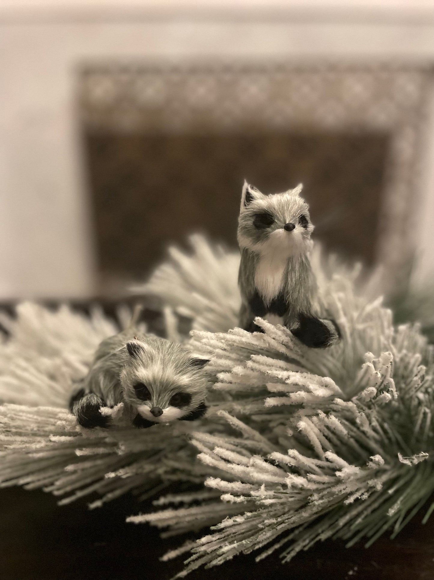 Set of 2. 3.5” furry raccoon ornament. Forest animal.