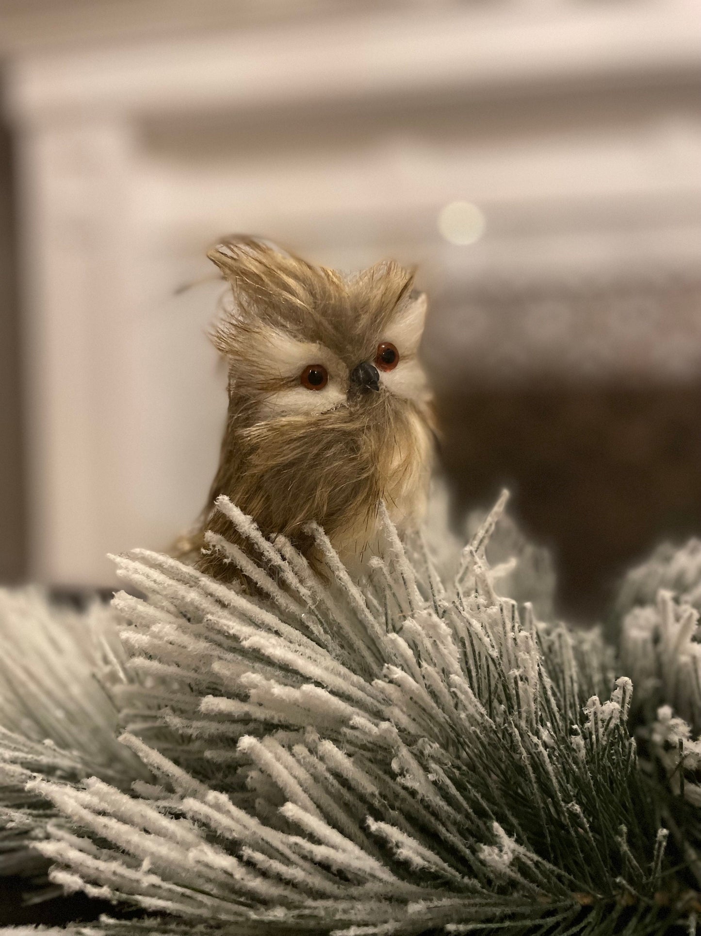 Set of 2. 4.5” Speckled feather owl ornament.