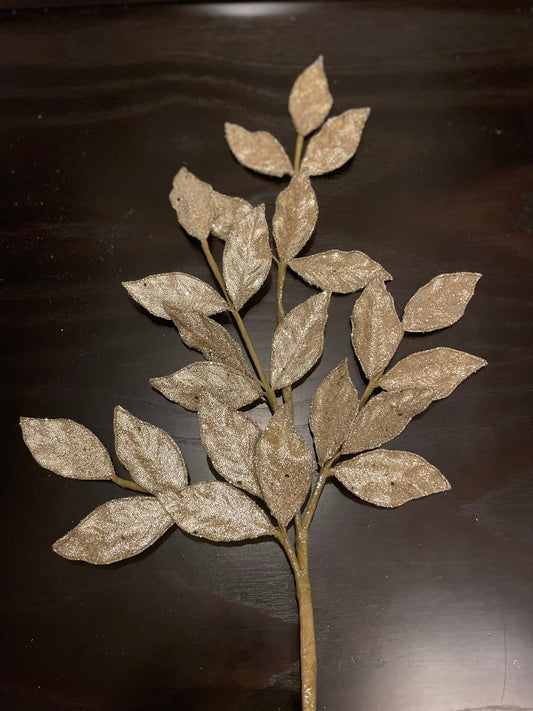 Set of 2. 29” Bay leaf spray, micro beaded sequins. Champagne and gold.