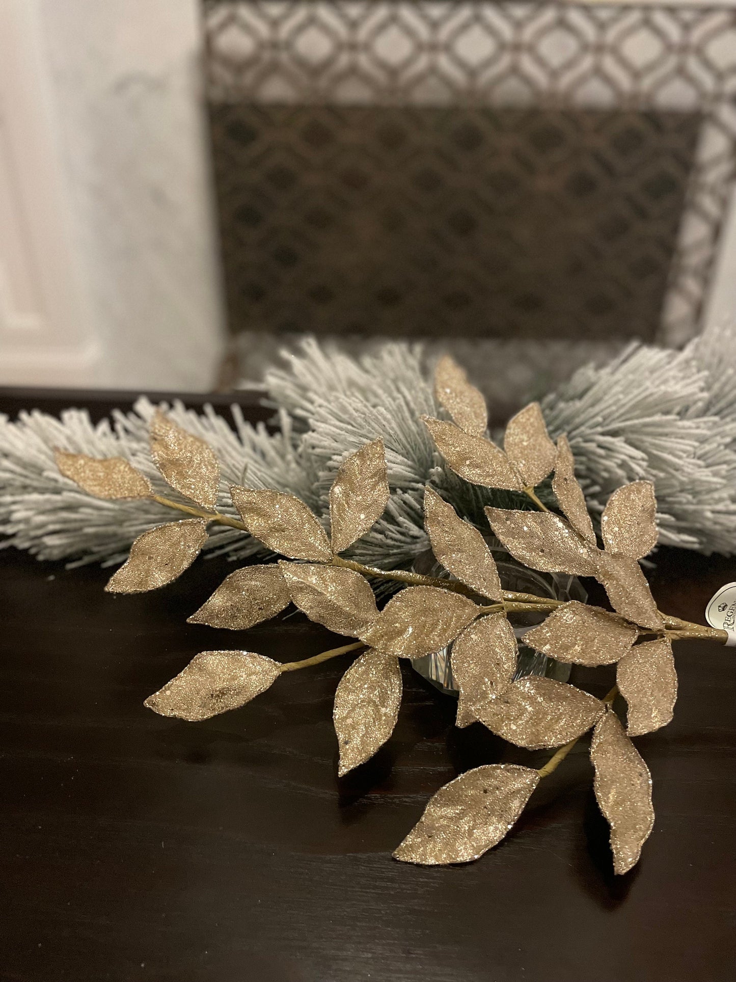 Set of 2. 29” Bay leaf spray, micro beaded sequins. Champagne and gold.