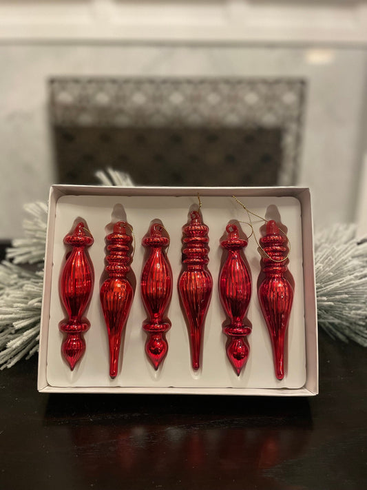 6.5” Box of red finial ornaments. Glass. Set of 6.