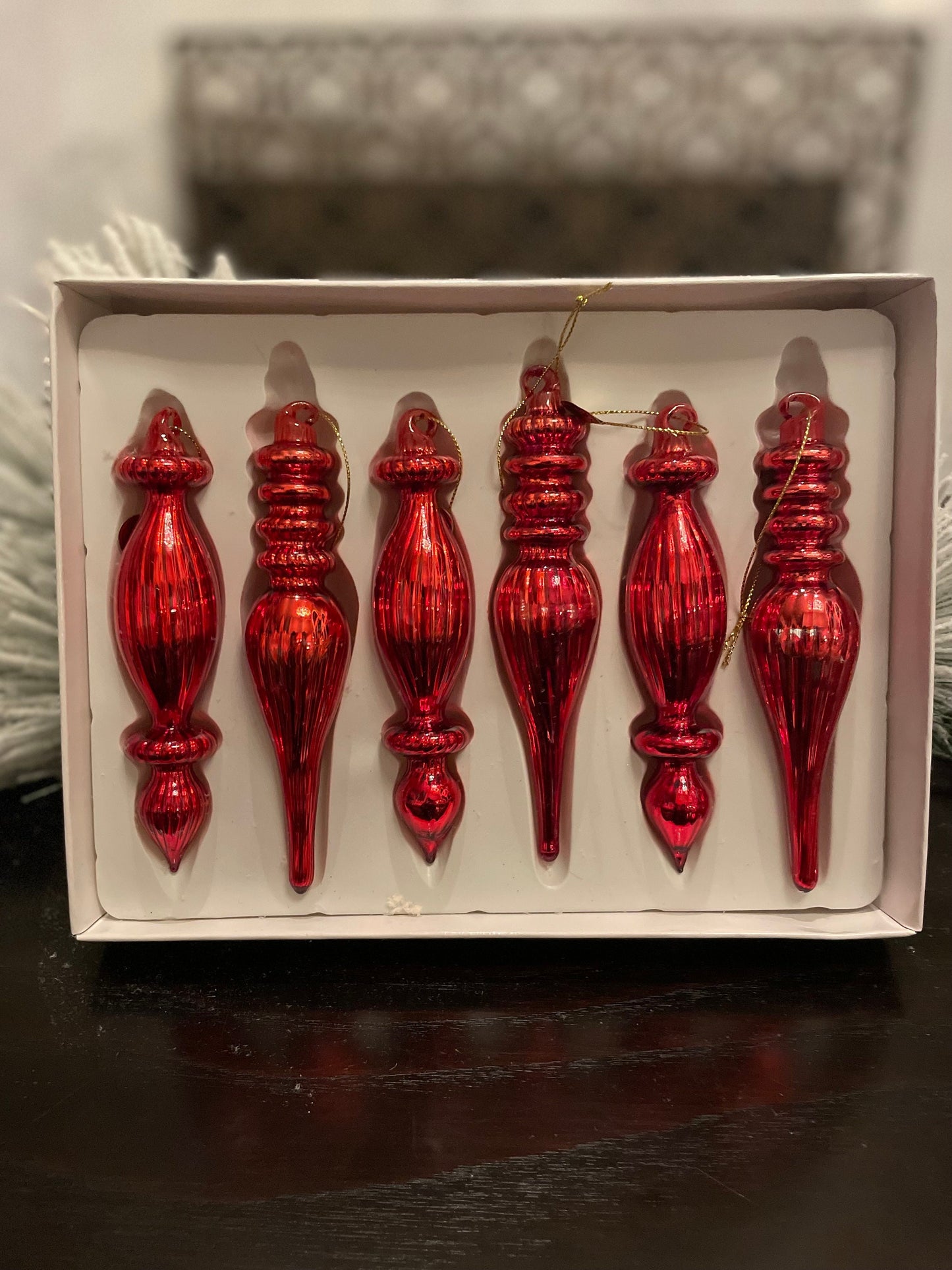 6.5” Box of red finial ornaments. Glass. Set of 6.