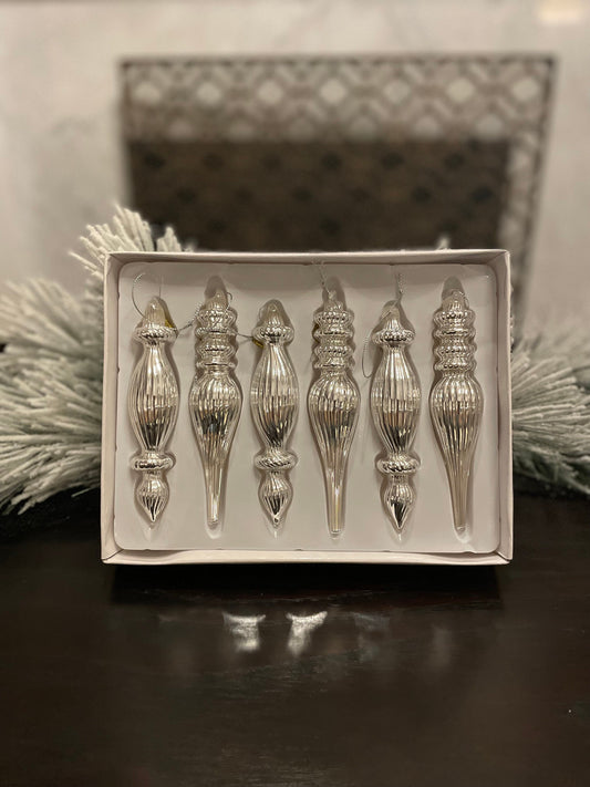 6.5” Box of silver finial ornaments. Glass. Set of 6.