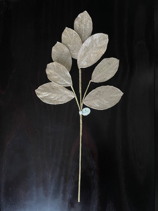 Set of 2. 28" Magnolia leaf spray. Champagne. Micro beaded and sequins. Set of 2.