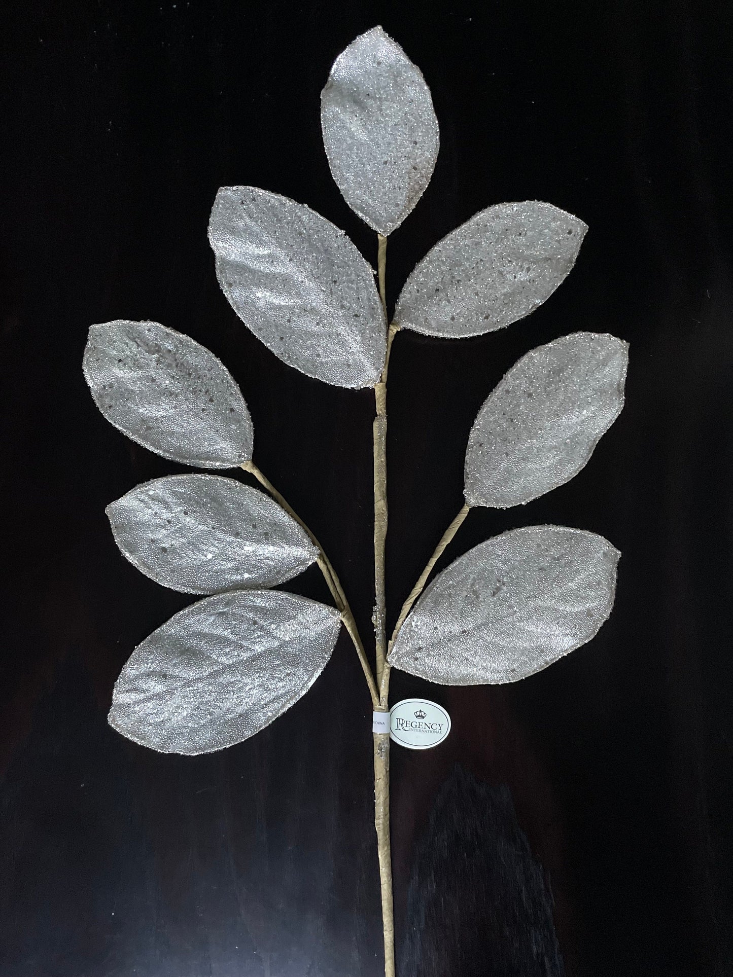 Set of 2. 28" Magnolia leaf spray. Platinum . Micro beaded and sequins. Set of 2.