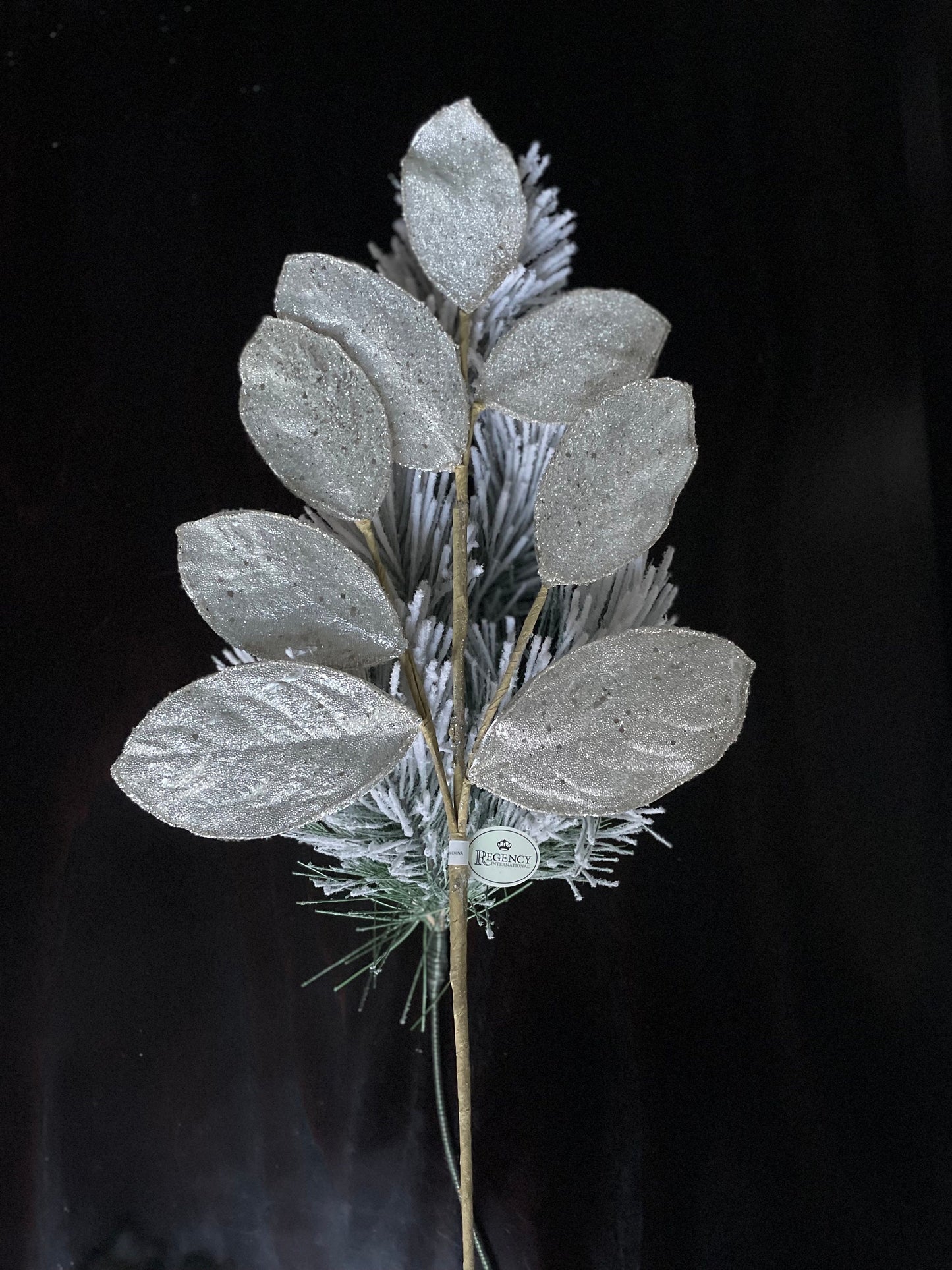 Set of 2. 28" Magnolia leaf spray. Platinum . Micro beaded and sequins. Set of 2.