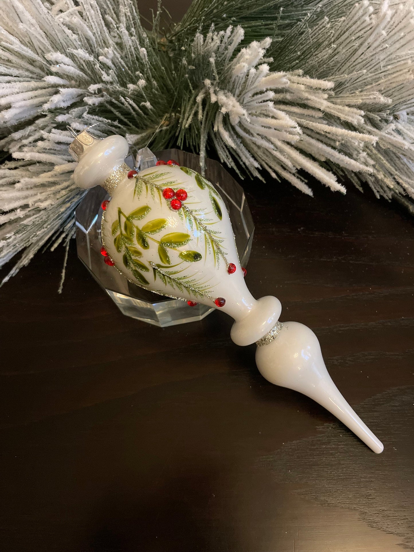 Set of 2. 10” Glass finial berry/ leaf/ pine ornament. Set of 2.*
