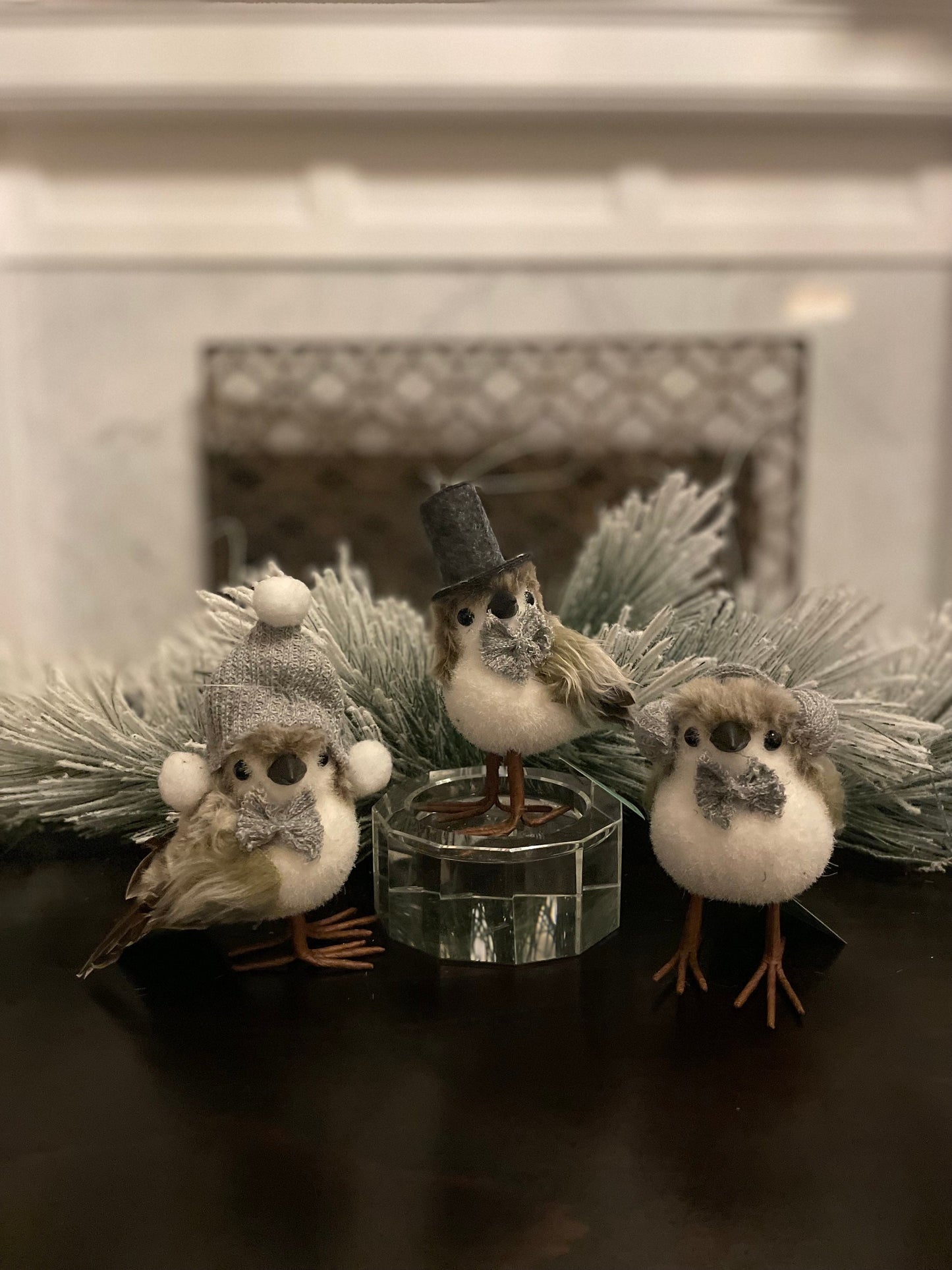 Set of 3. 6.5” faux fur birds with knitted bow tie ornaments. Natural.