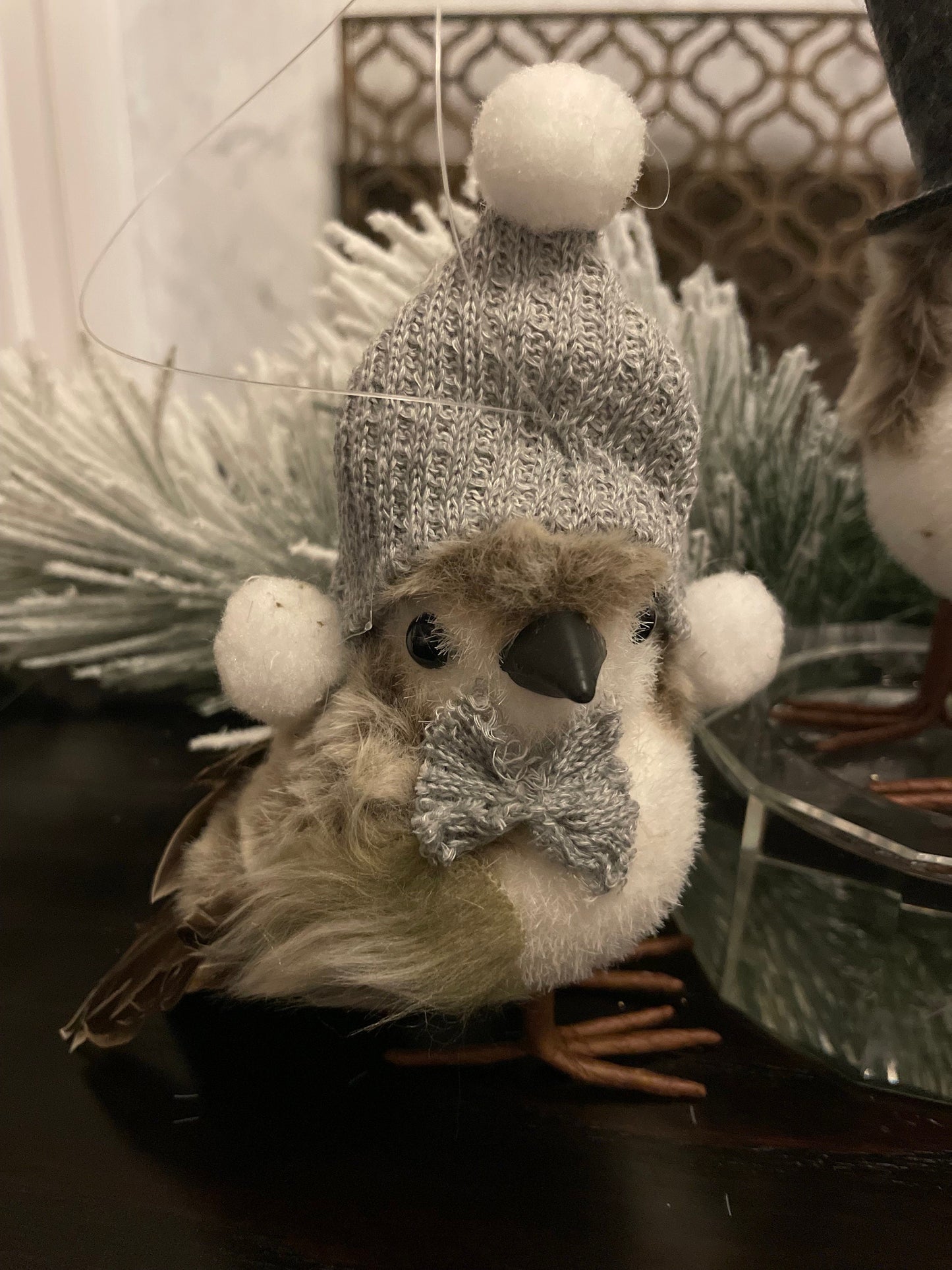 Set of 3. 6.5” faux fur birds with knitted bow tie ornaments. Natural.
