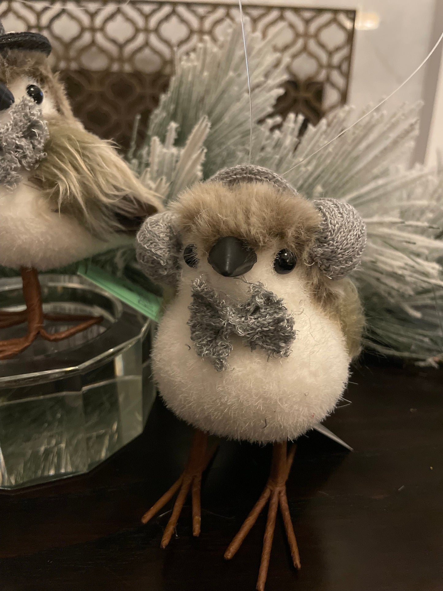 Set of 3. 6.5” faux fur birds with knitted bow tie ornaments. Natural.