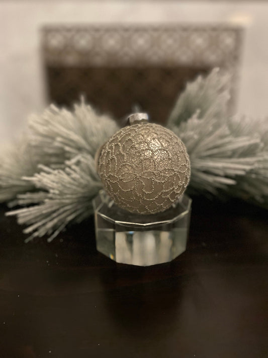 Set of 2. 4" Glass mercury crystal ball ornament. Platinum.