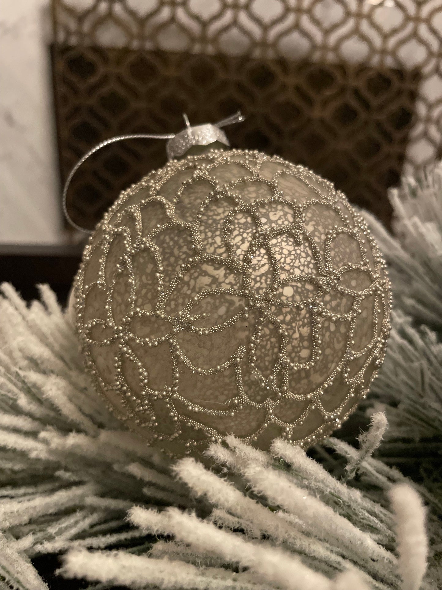 Set of 2. 4" Glass mercury crystal ball ornament. Platinum.
