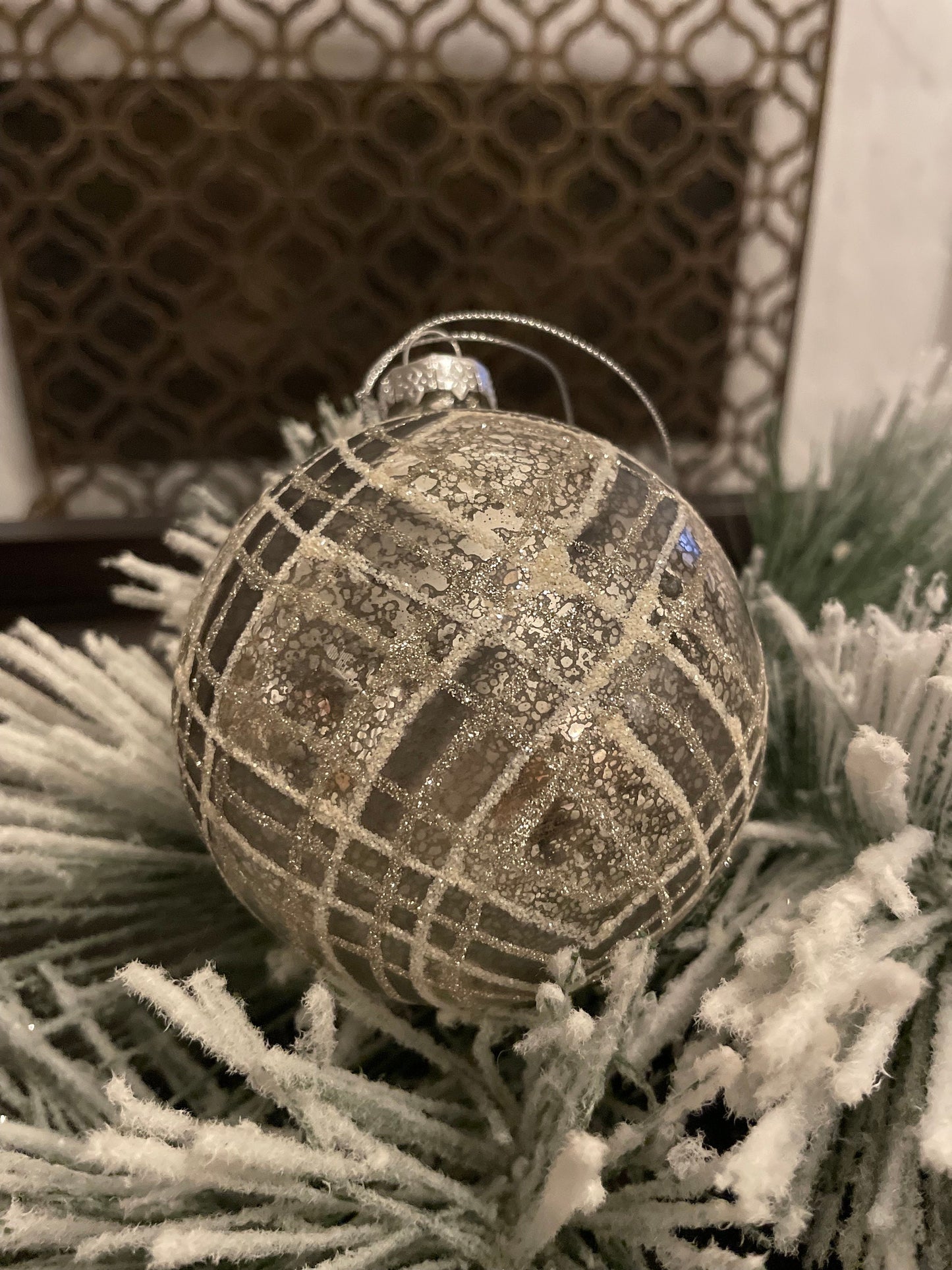 Set of 2. 4" Glass diagonal plaid ball ornament.