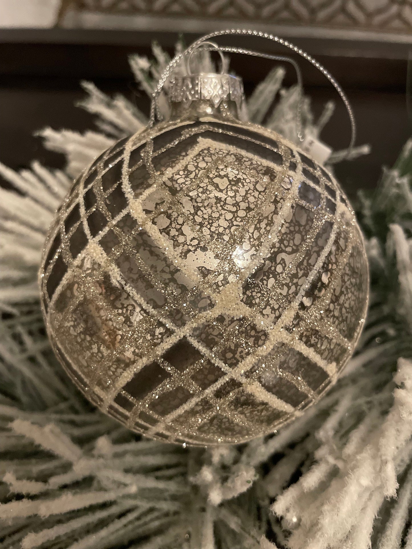 Set of 2. 4" Glass diagonal plaid ball ornament.