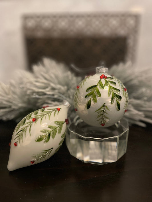Set of 2. 4”-6” Glass berry/leaf final and ball ornaments. White, green and red.
