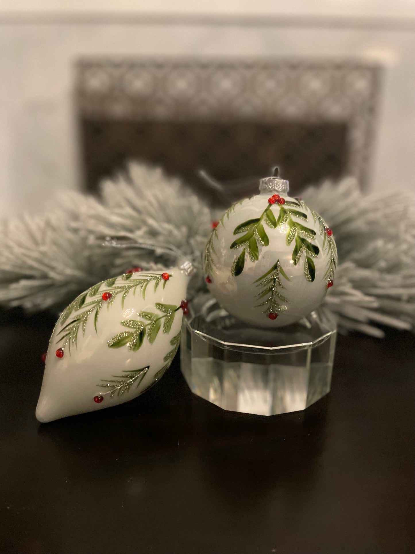 Set of 2. 4”-6” Glass berry/leaf final and ball ornaments. White, green and red.