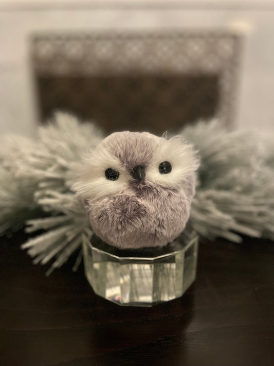 Set of 2. 4” Chubby owl, faux fur ornament.