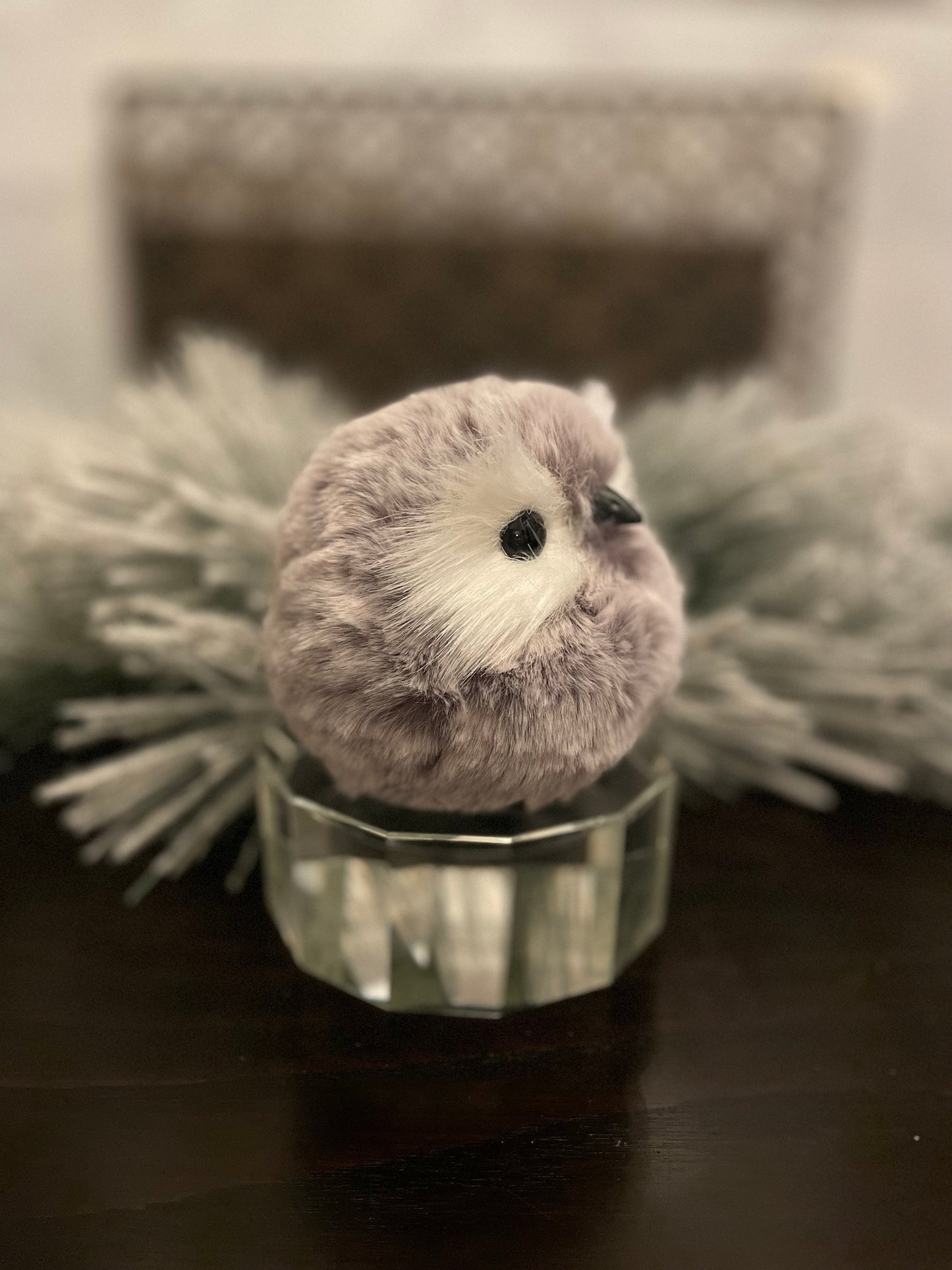 Set of 2. 4” Chubby owl, faux fur ornament.
