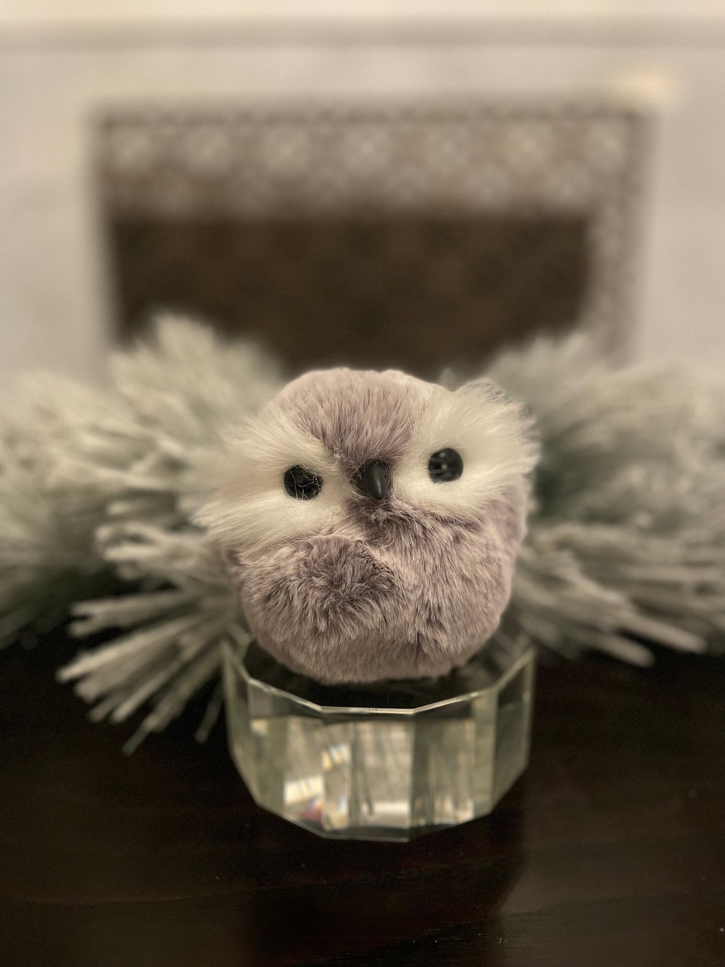 Set of 2. 4” Chubby owl, faux fur ornament.
