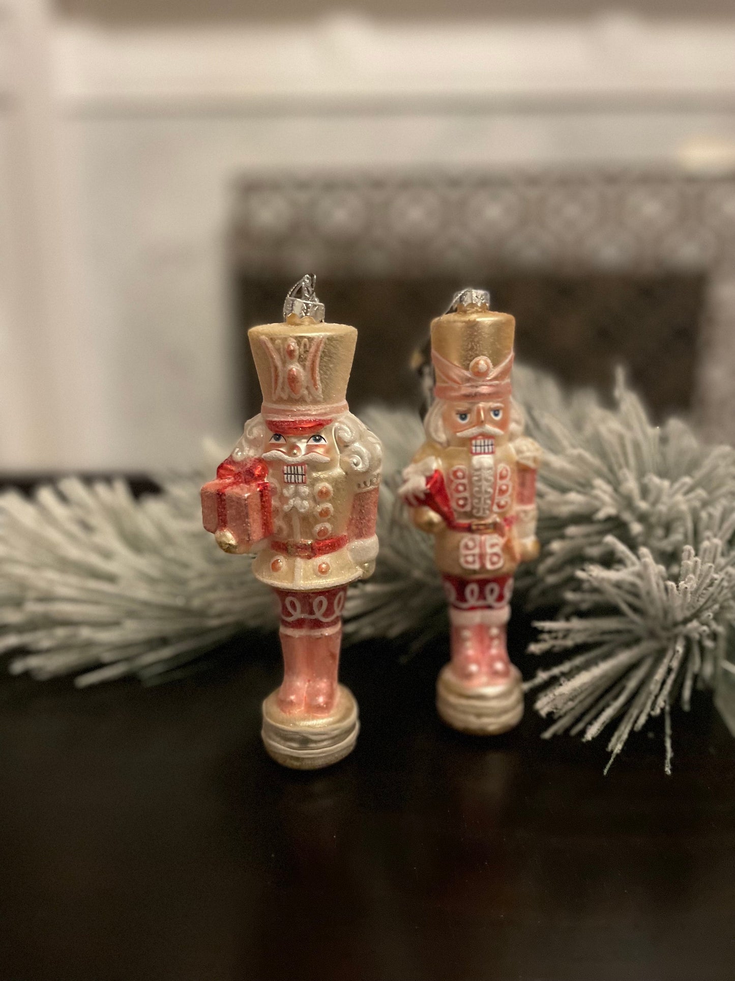 Set of 2. 8” Glittered nutcracker ornament. Pink. Glass.