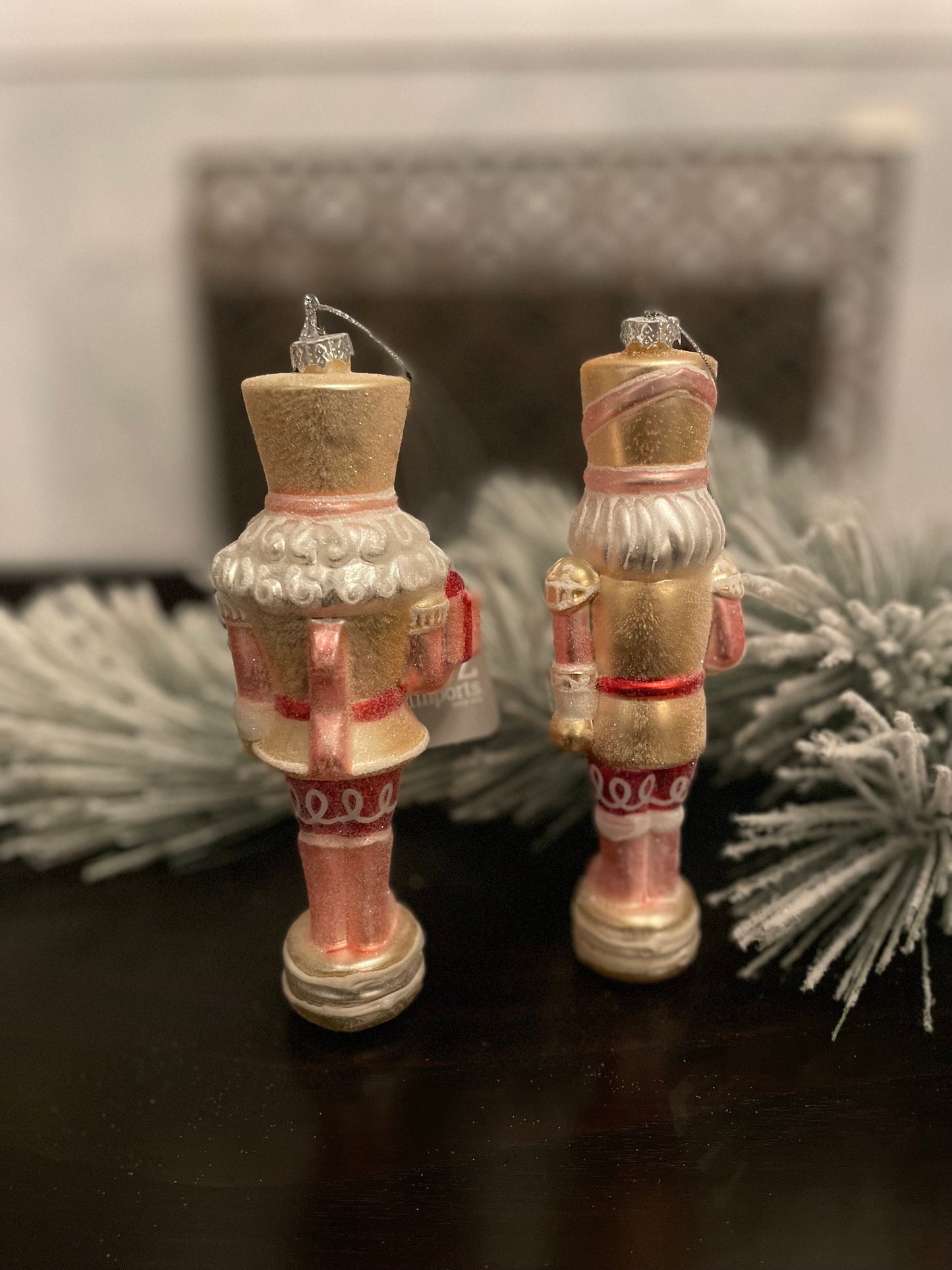 Set of 2. 8” Glittered nutcracker ornament. Pink. Glass.