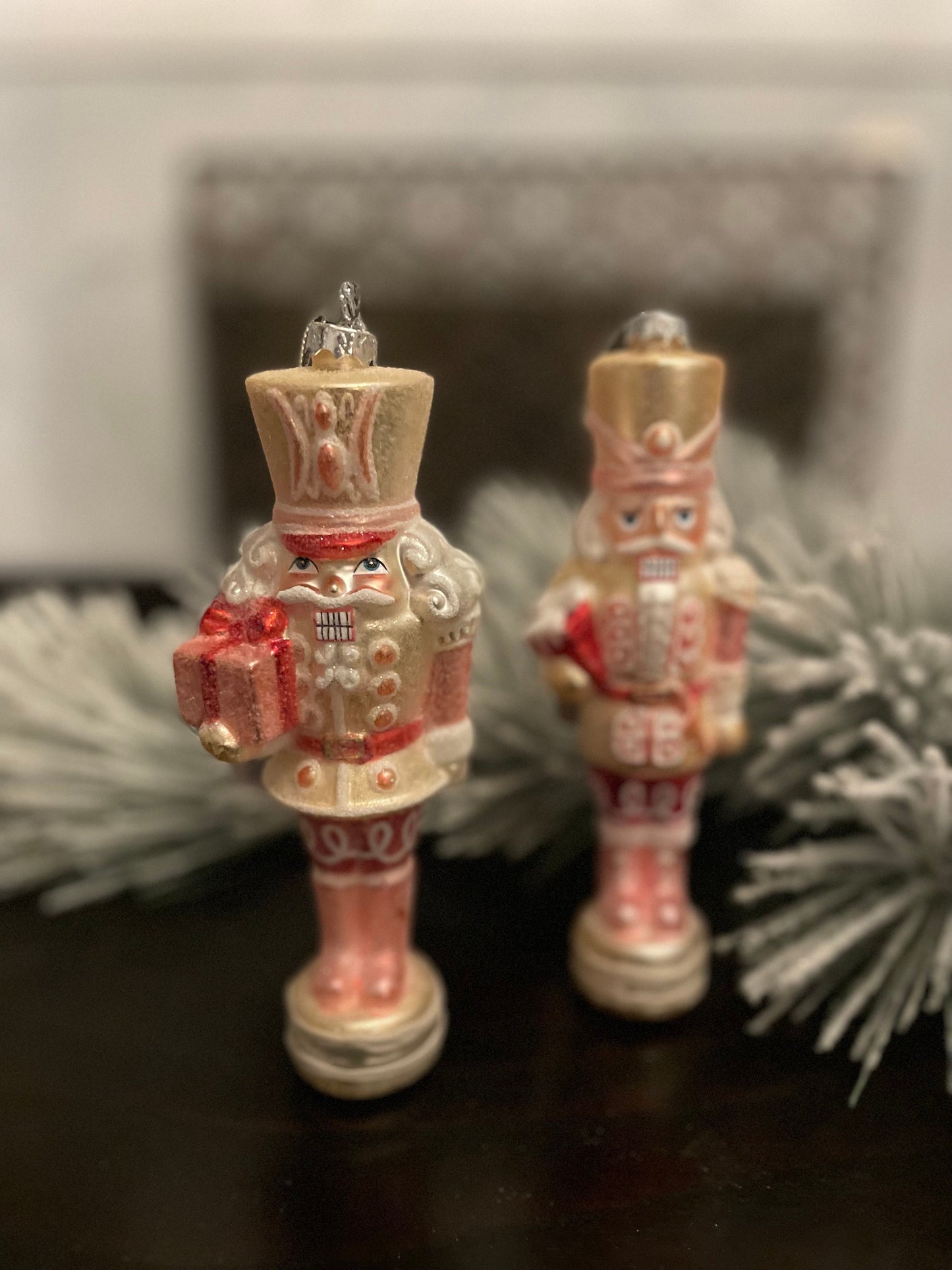 Set of 2. 8” Glittered nutcracker ornament. Pink. Glass.