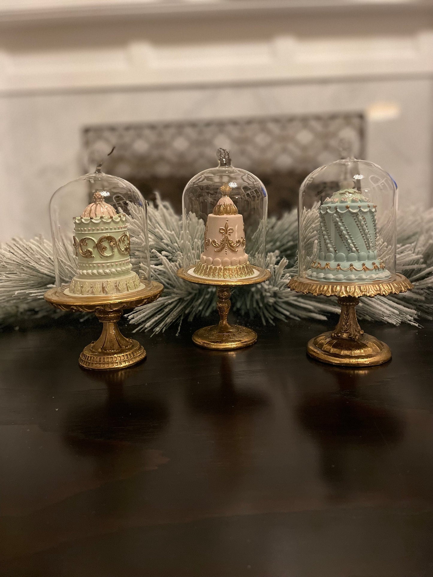 Set of 3. 7" Cake in cloche. Sweet! Tabletop decor.