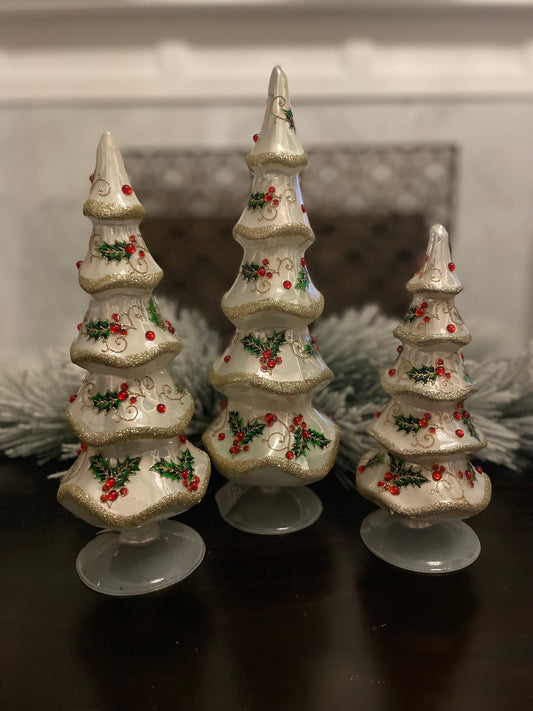 13.25" Holly patterned jeweled trees. set of 3.