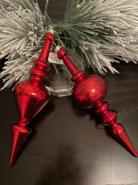Set of 2. 12” Red textured finial glass ornament.