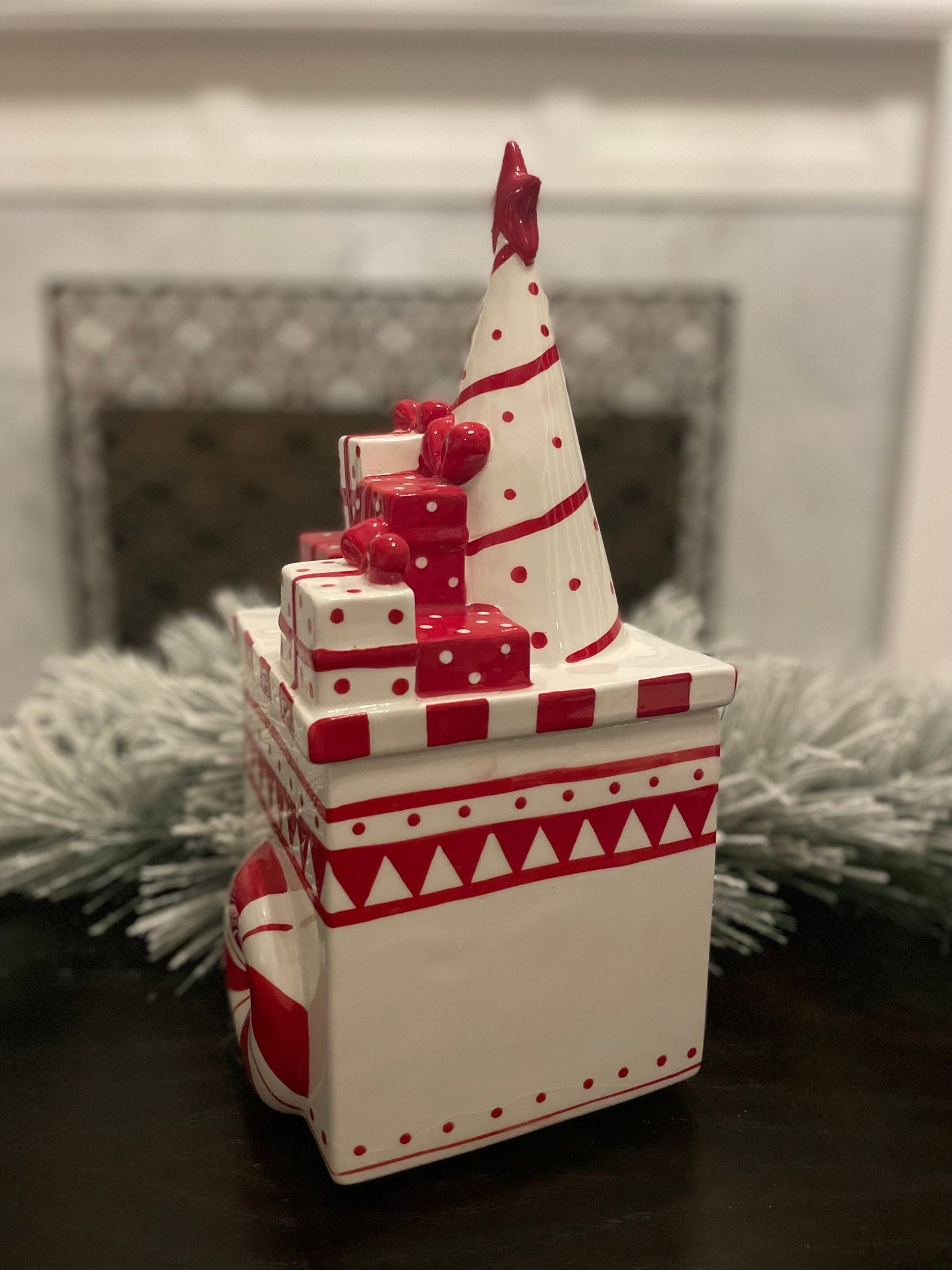 14”h x 6.5” w. Peppermint dolomite cookie jar.