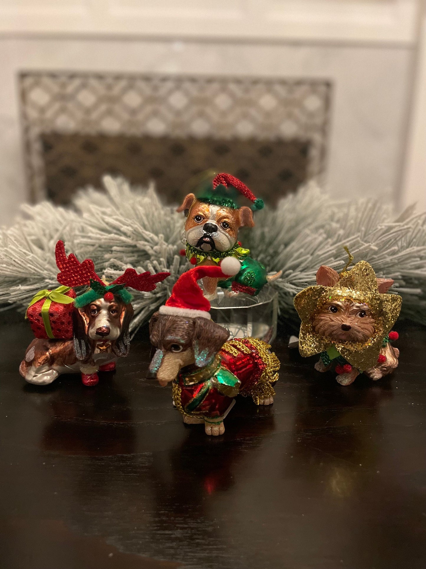 Set of 4. 4" Dogs with Christmas outfit ornament. Glass.