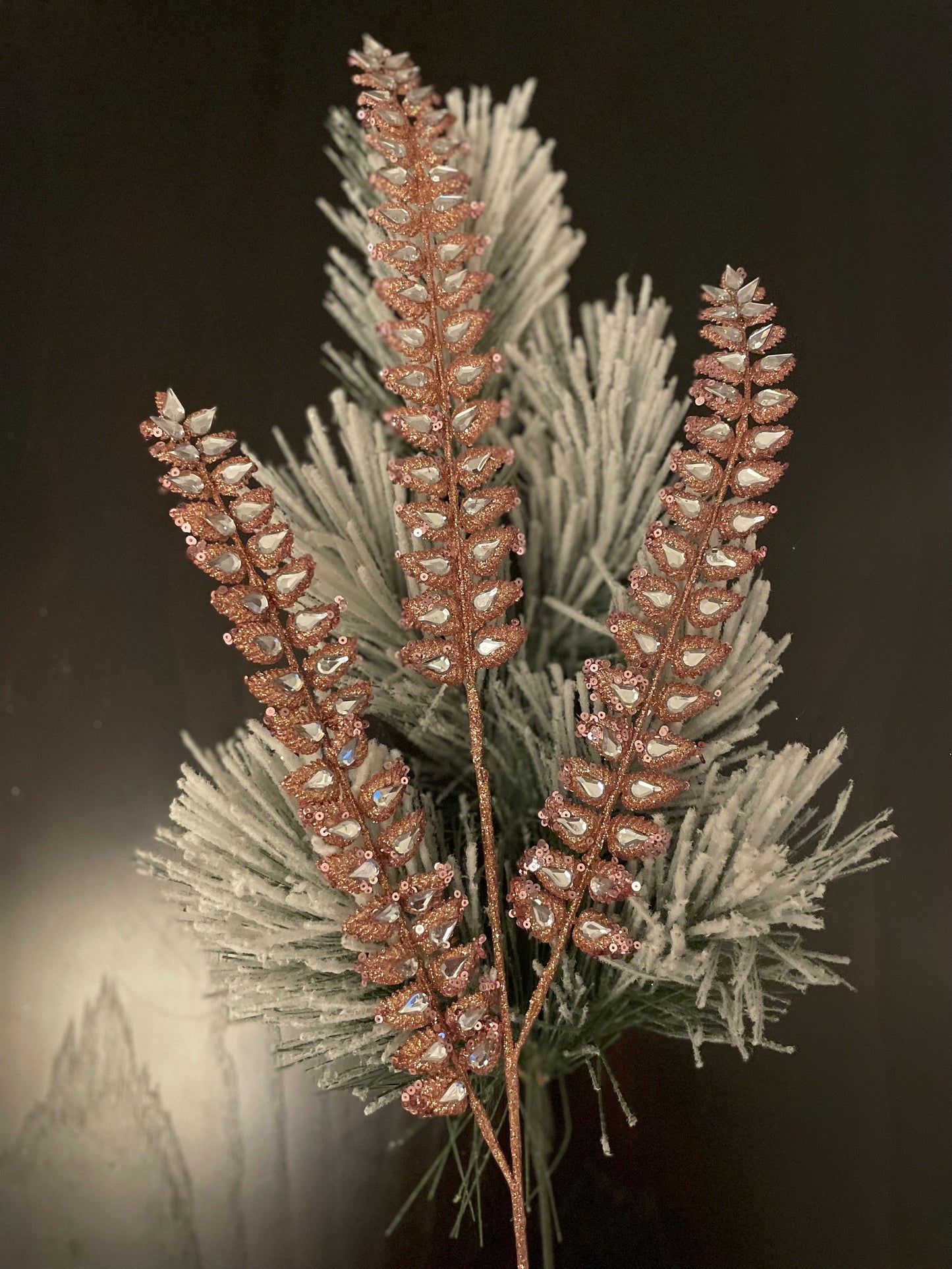 34.5" jeweled glitter fern spray pink and gold. SET of 3. Green flocked branches NOT included.