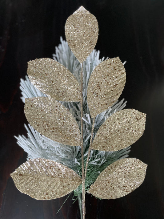 Set of 3. 27" glitter leaf spray. Champagne.